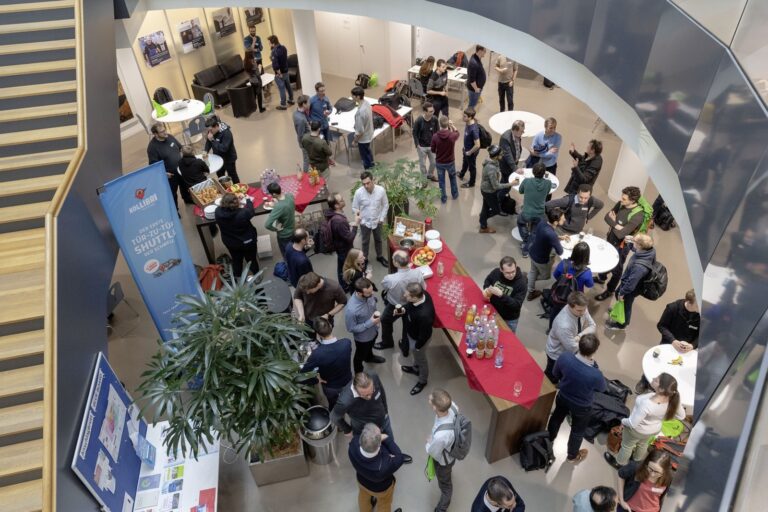 Forming teams in the foyer, from above