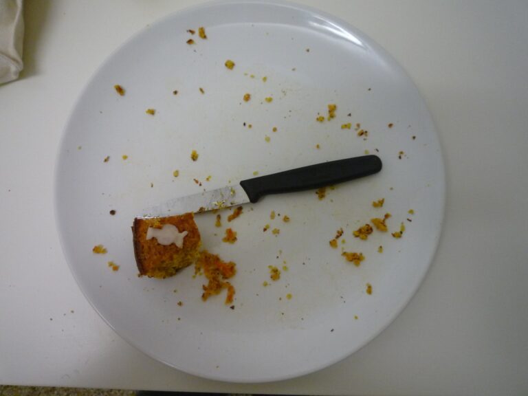 Leerer Teller mit dem letzten Stück Torte und einem Messer
