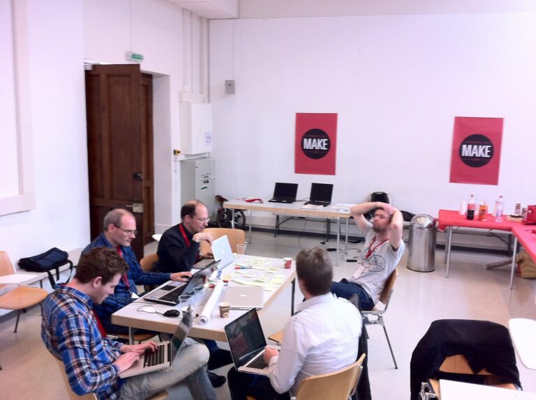 Teams an Tischen mit Laptops, an der Wand rote MAKE-Plakate