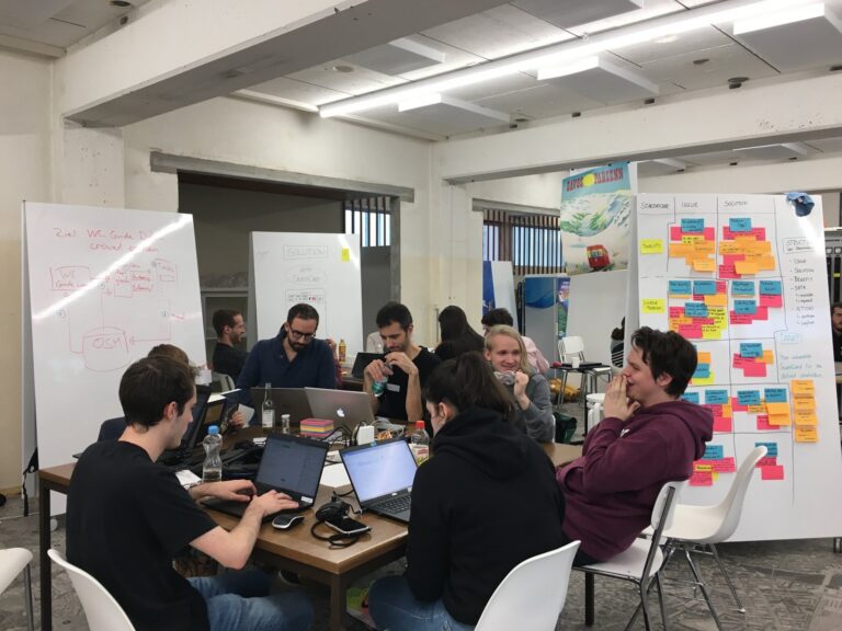 Teams at work next to the planning wall