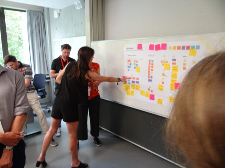 Participants in front of a wall full of sticky notes