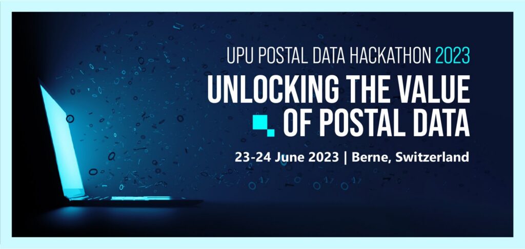 Ankündigungsbild von opendata.ch für «UPU Postal Data Hackathon 2023»