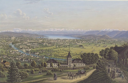 Gesamtansicht von Zürich um 1884 von Heinrich Siegfried. Bild zur Verfügung gestellt von der Zentralbibliothek Zürich (Wikimedia Commons, gemeinfrei)